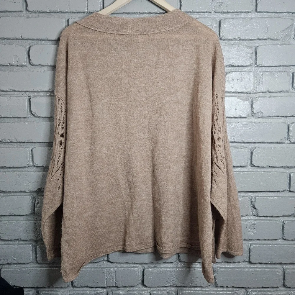 Free People Pointelle Sweater Beige Wool Blend Dolman Sleeve  S Cottagecore Boho